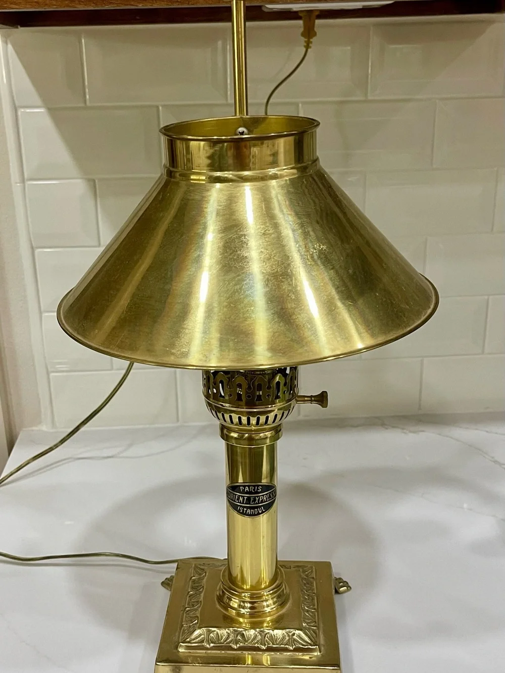Brass Table Lamp Instanbul Adjustable Shade, Corded Knob, Orient Express Label
